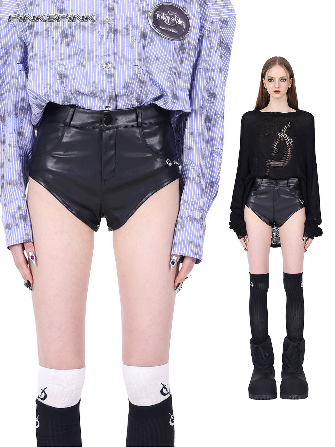PINKSPINK REBEL ring-pierced faux-leather hotpants in black — collage of a close front view and full modeled look showing the high-cut silhouette