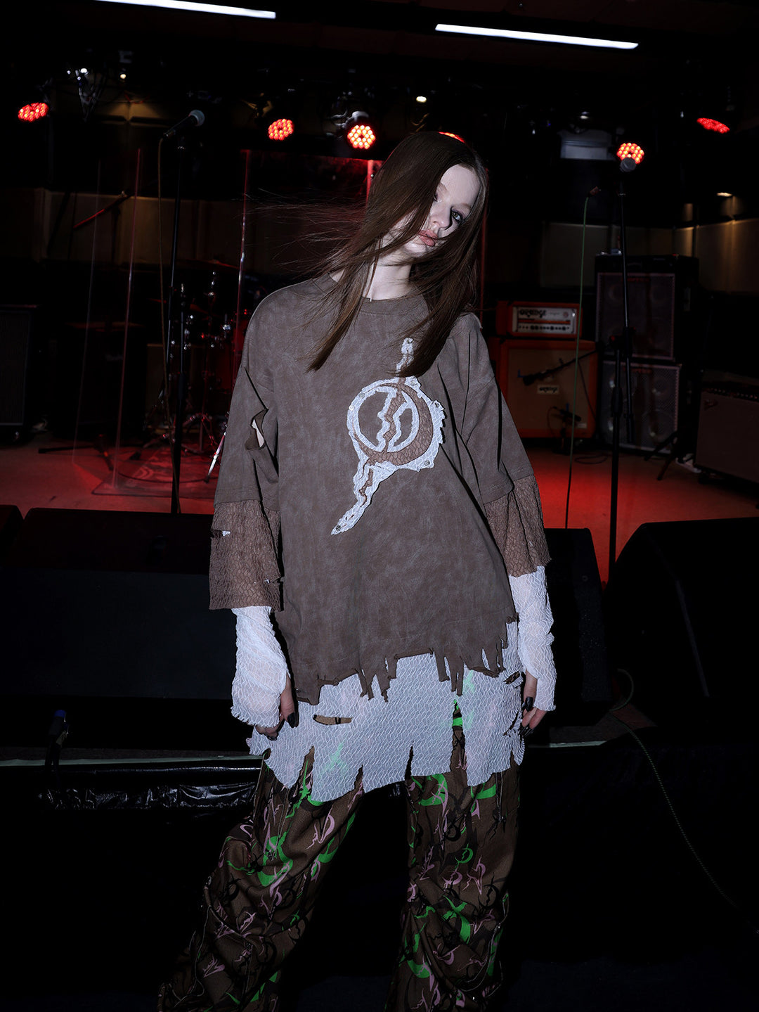 PINKSPINK ELECTRIC MOON triple-layer distressed mesh tee — alternate modeled styling view