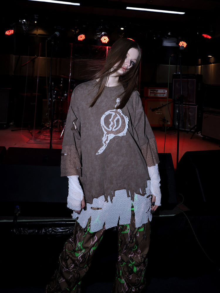 PINKSPINK ELECTRIC MOON triple-layer distressed mesh tee — alternate modeled styling view