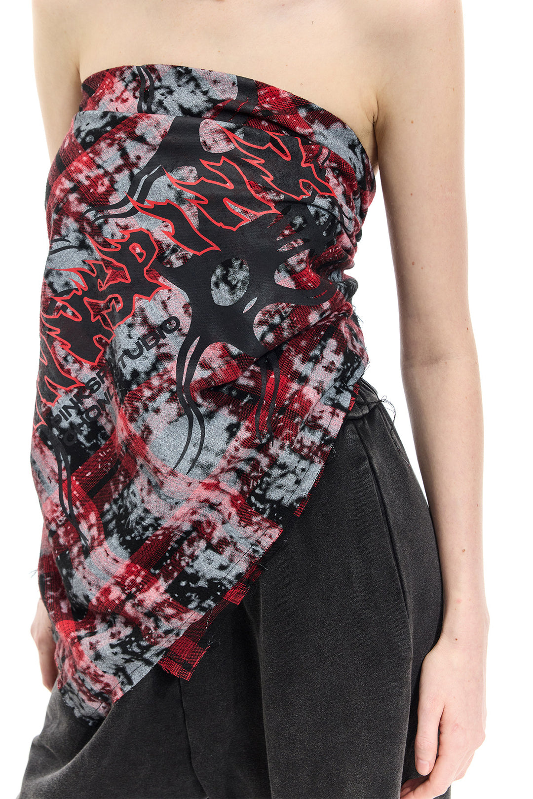 PINKSPINK REMAKE red-plaid bandana top / headscarf — full-length modeled styling view