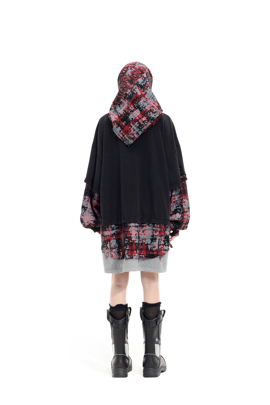 PINKSPINK REMAKE triple-layer plaid hoodie — black and red plaid hoodie — back view with headscarf styling