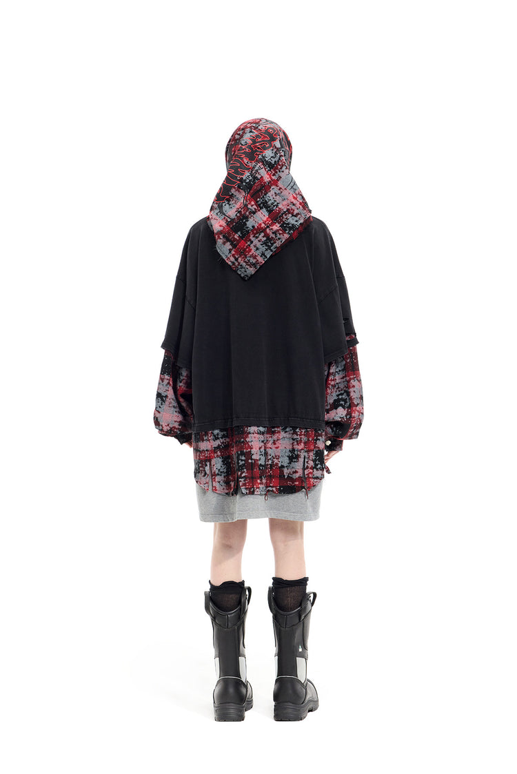 PINKSPINK REMAKE triple-layer plaid hoodie — black and red plaid hoodie — back view with headscarf styling