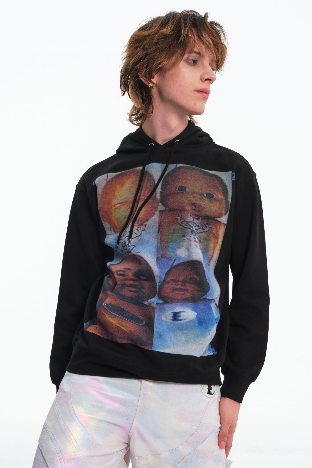 EMBRYO ABCD FOUR CHILDREN black graphic hoodie — product-only front view