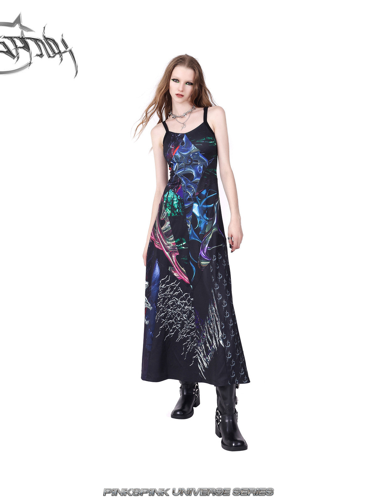 PINKSPINK ELECTRIC MOON layered alloy necklace in silver — angled front outfit view with a printed slip dress