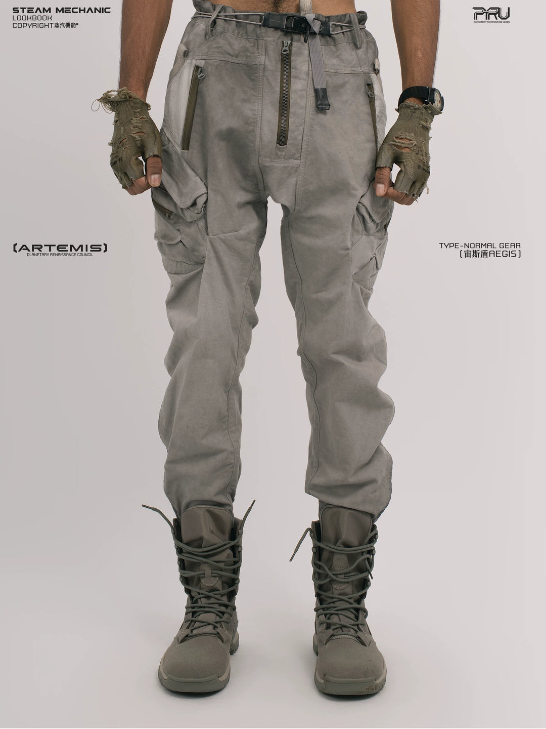 AEGIS lunar sea gray multi-pocket moto pants — front modeled product view