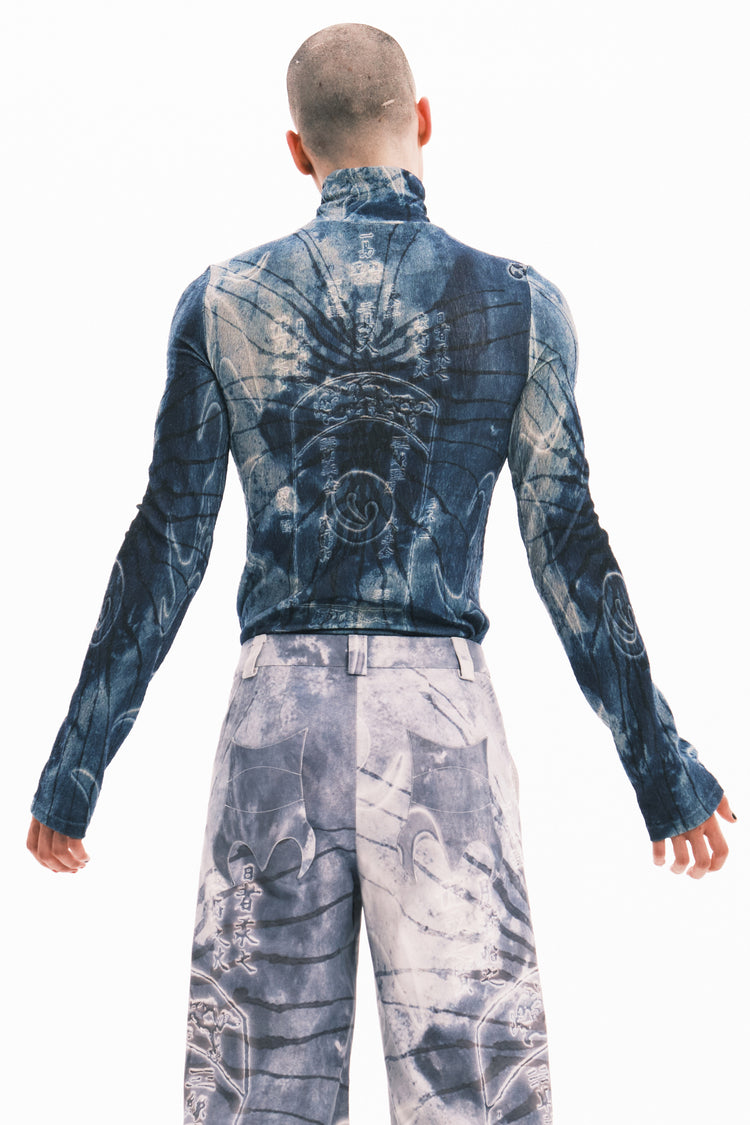 EMBRYO ANCIENT CODE textured mock-neck top — garment-only construction view