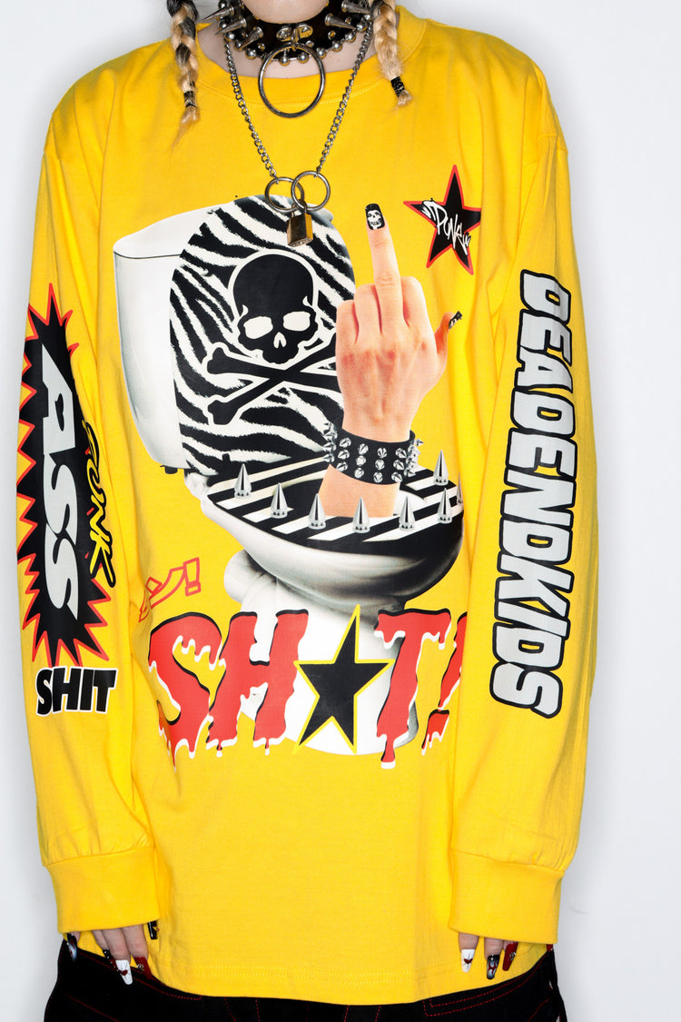 DEADENDKIDS MIDDLE FINGER oversized long-sleeve tee — full-length modeled view