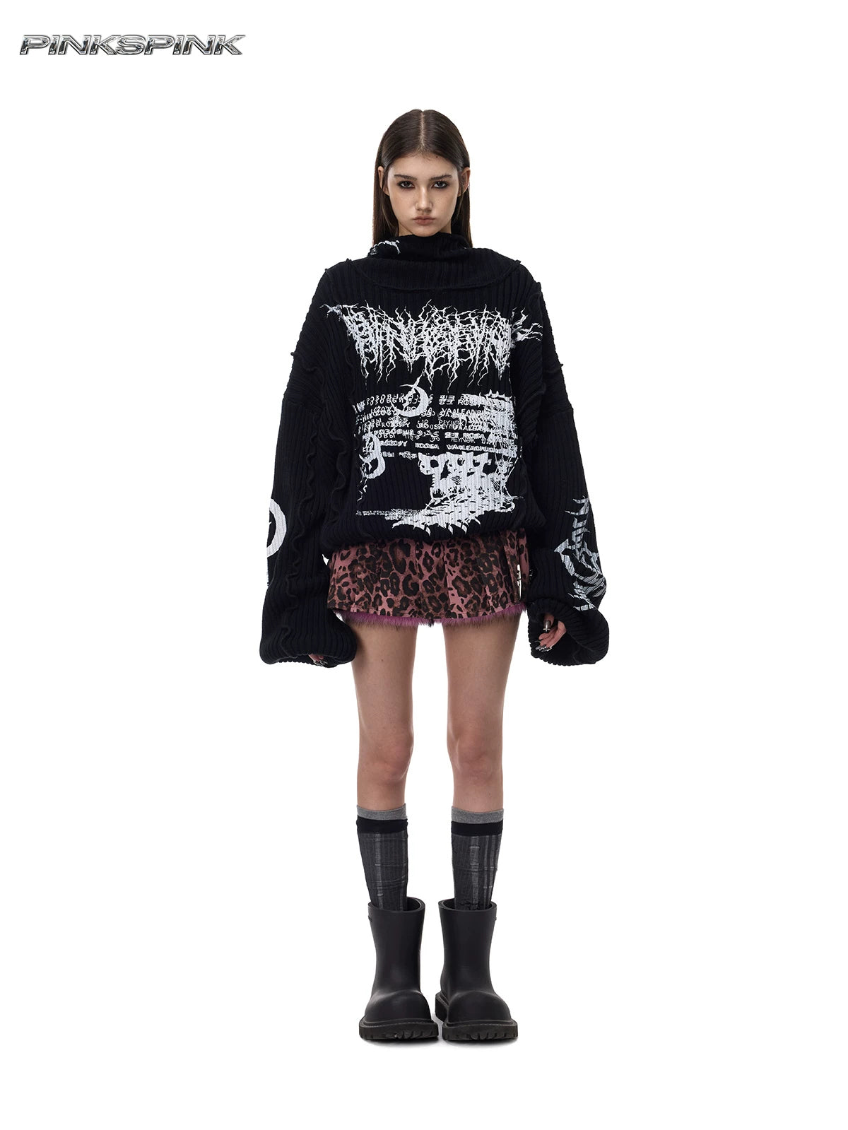 PINKSPINK THORN SIGNAL hooded graphic knit sweater — front full-length view with hood lowered