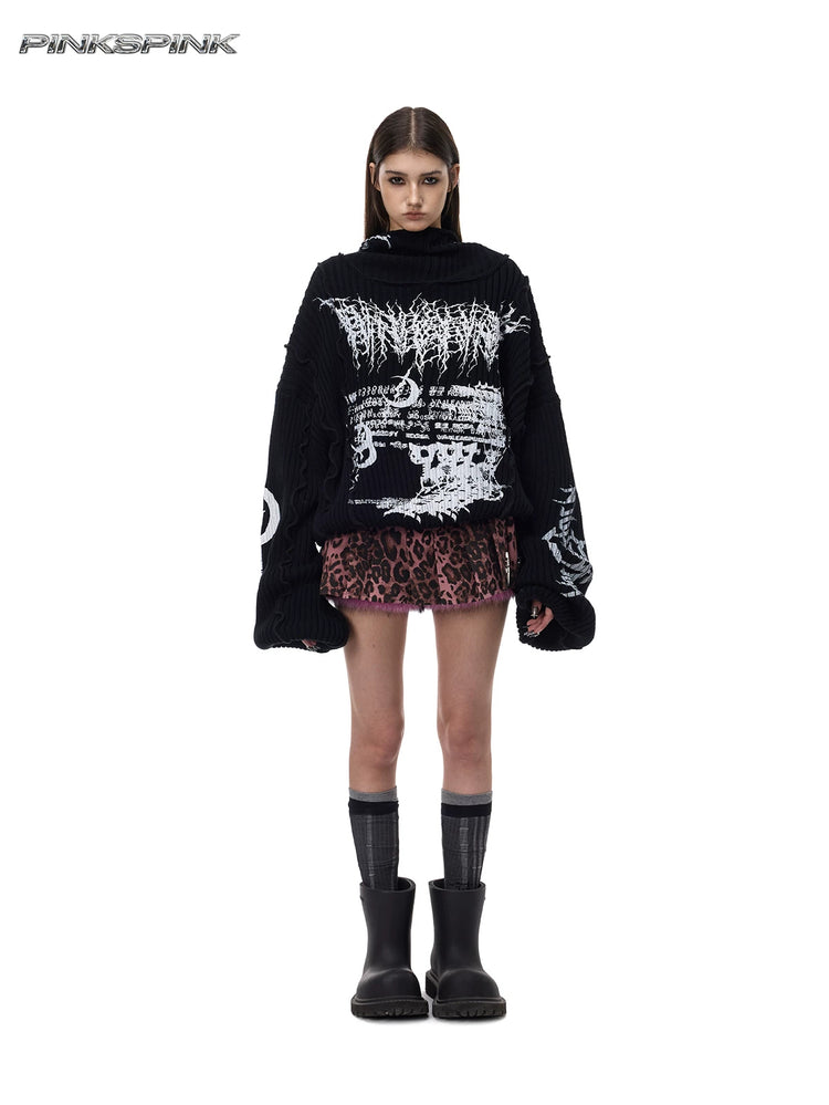 PINKSPINK THORN SIGNAL hooded graphic knit sweater — front full-length view with hood lowered