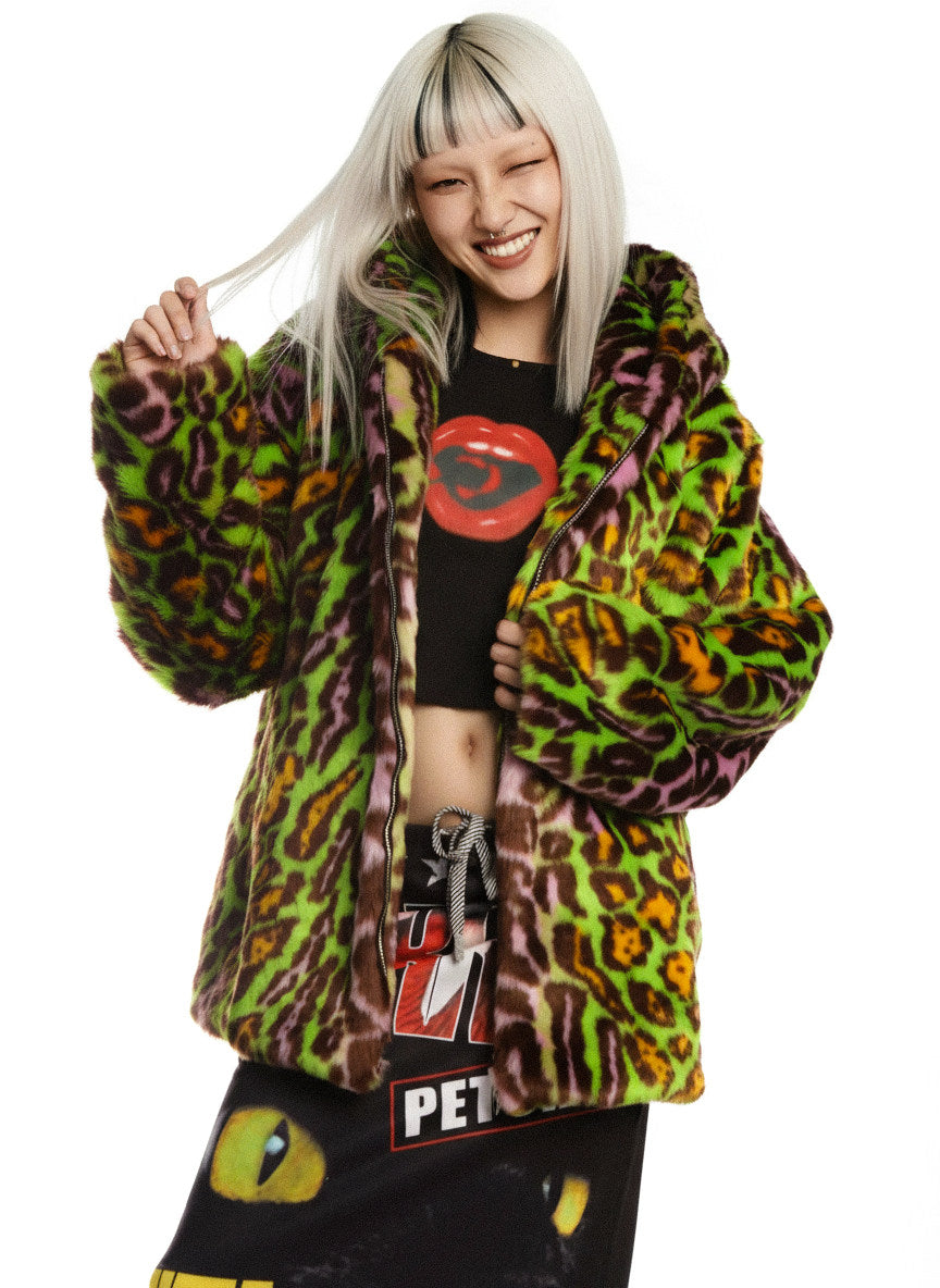 DeadEndKids leopard-print faux-fur hooded jacket in yellow green — front modeled view with hood down