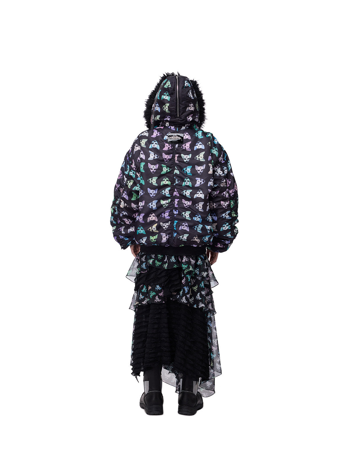 PINKSPINK CAT ALIEN asymmetric mesh maxi skirt — back full-length styling with printed jacket