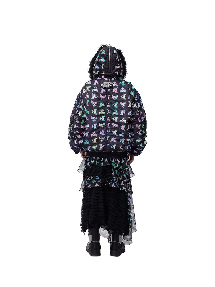 PINKSPINK CAT ALIEN asymmetric mesh maxi skirt — back full-length styling with printed jacket
