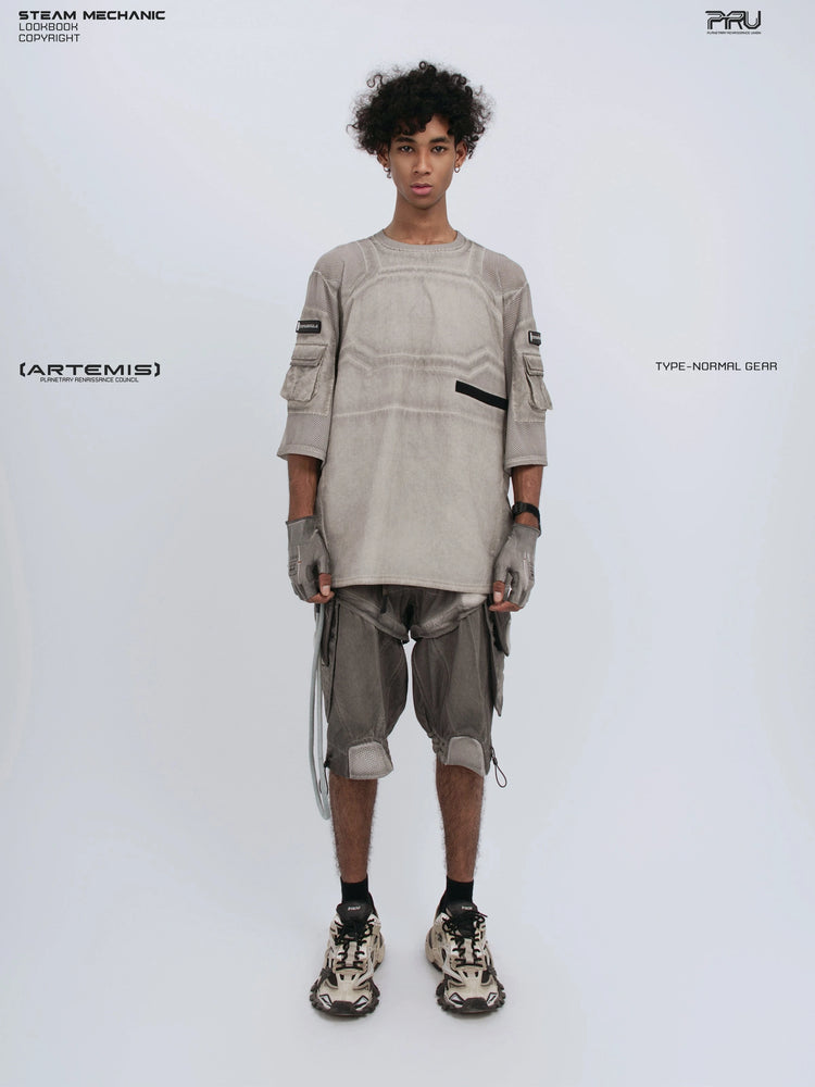 STARCORE xirang brown velcro mesh tee — full-length front modeled view with hands lowered