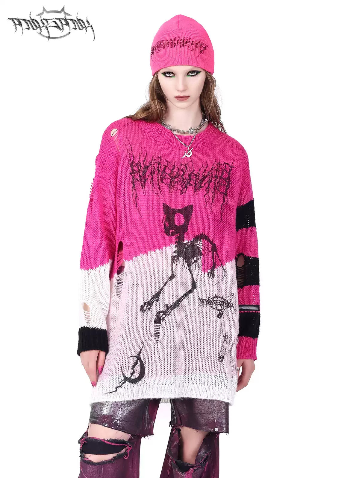 PINKSPINK GALAXY LIGHTNING logo knit beanie — modeled front styling view
