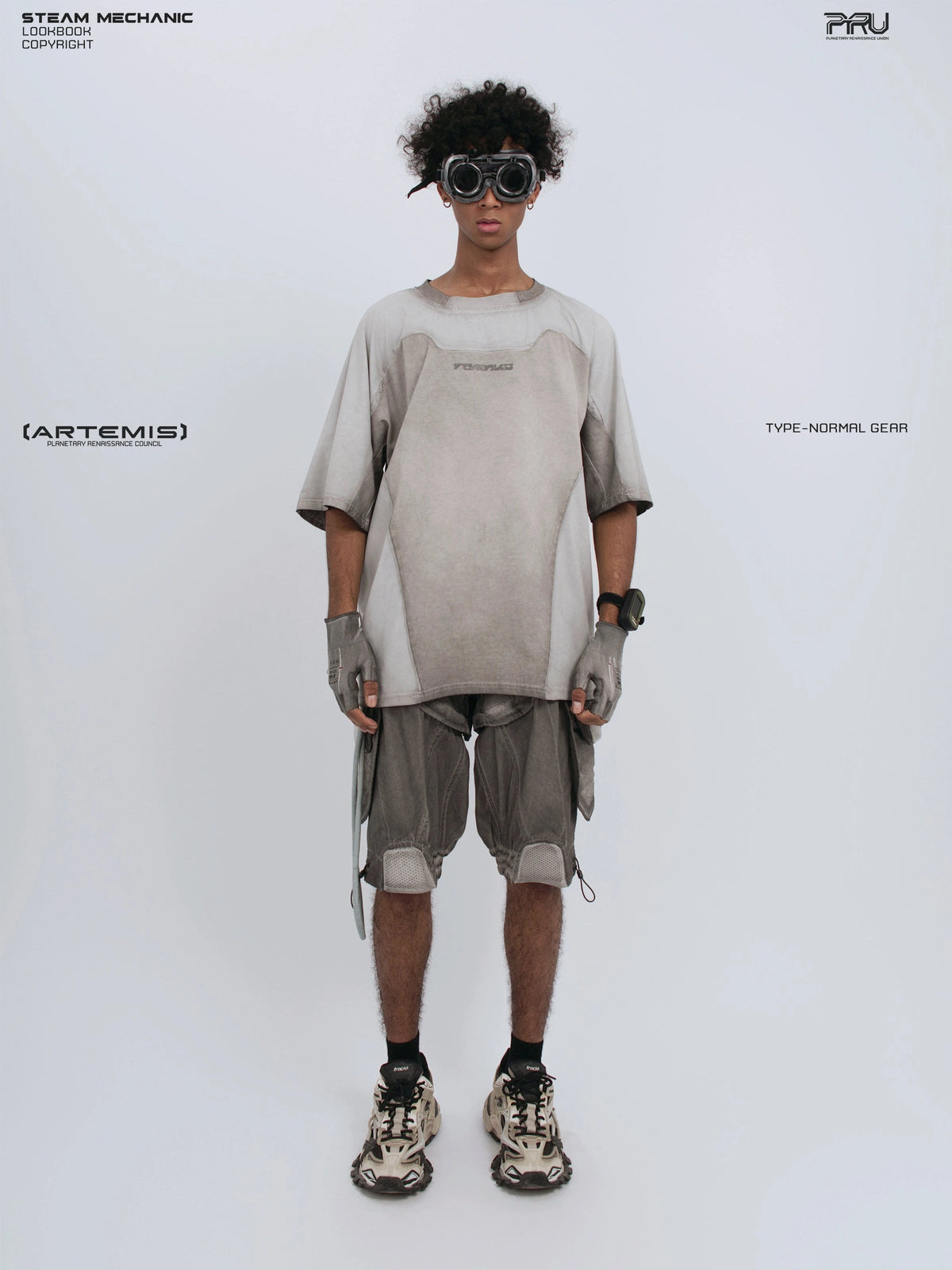 STARCORE moonbeam white velcro mesh tee — full-length front modeled view with goggles