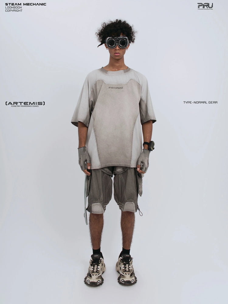 STARCORE moonbeam white velcro mesh tee — full-length front modeled view with goggles