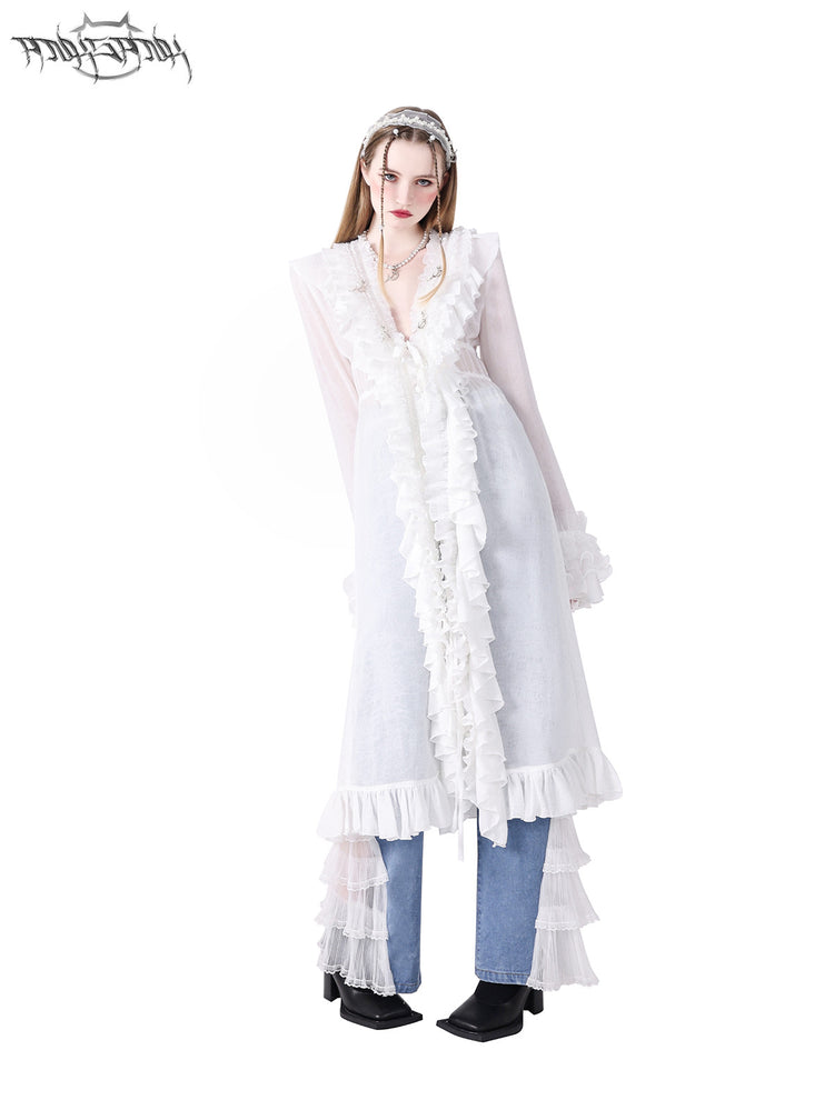 PINKSPINK FAIRY pearl-trim lace headband — front full-length styled view with a ruffled shirt and jeans
