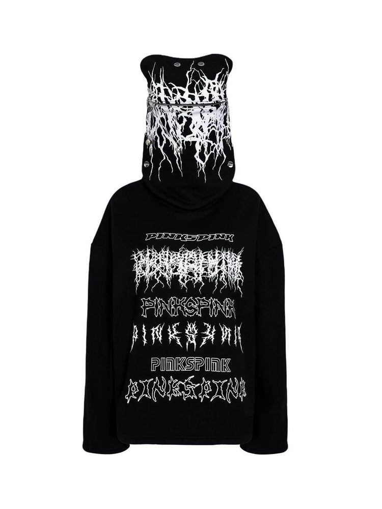 PINKSPINK MASK DECOMPOSITION hoodie — standalone front view of the black hoodie with white graphic logos