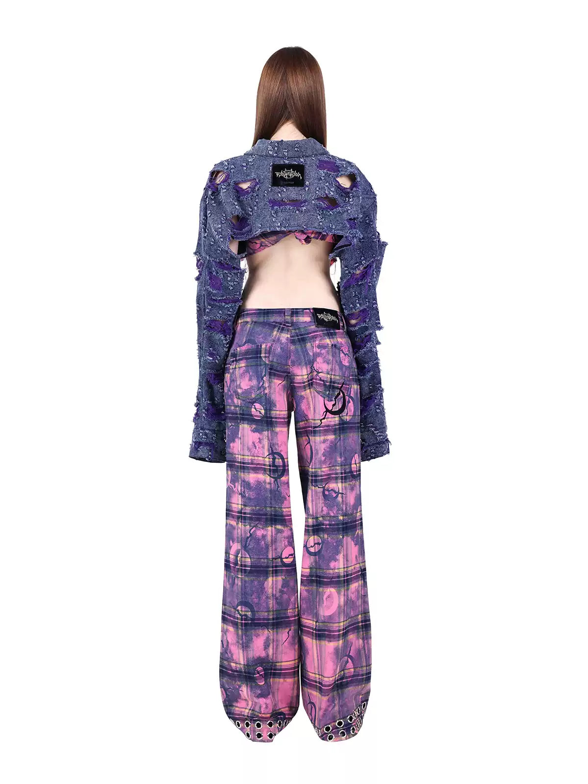PINKSPINK ELECTRIC MOON wasteland plaid straight-leg pants — alternate modeled view showing the silhouette
