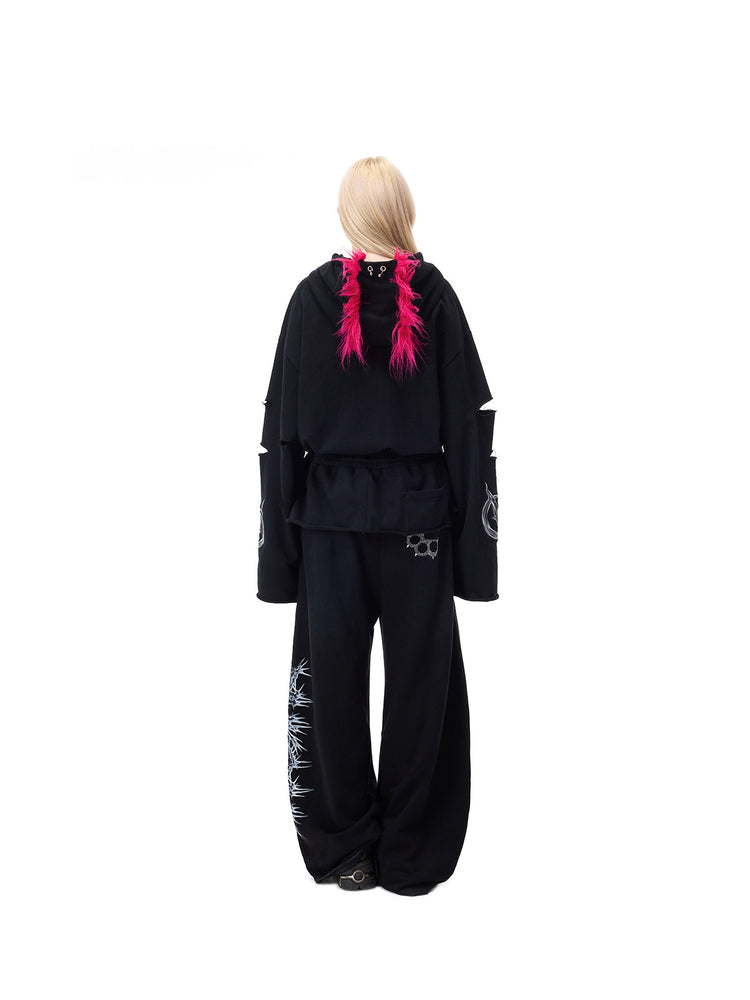 PINKSPINK MOHAWK RITUAL studded zip-up hoodie — back full-length view styled with pants