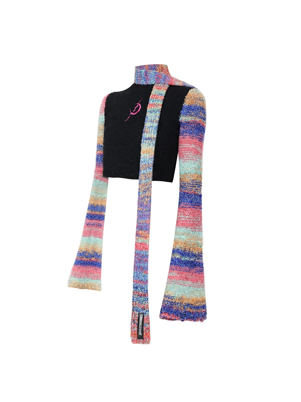 PINKSPINK ELECTRIC MOON rainbow-sleeve cropped sweater with scarf — front garment-only view showing striped sleeves and the included scarf