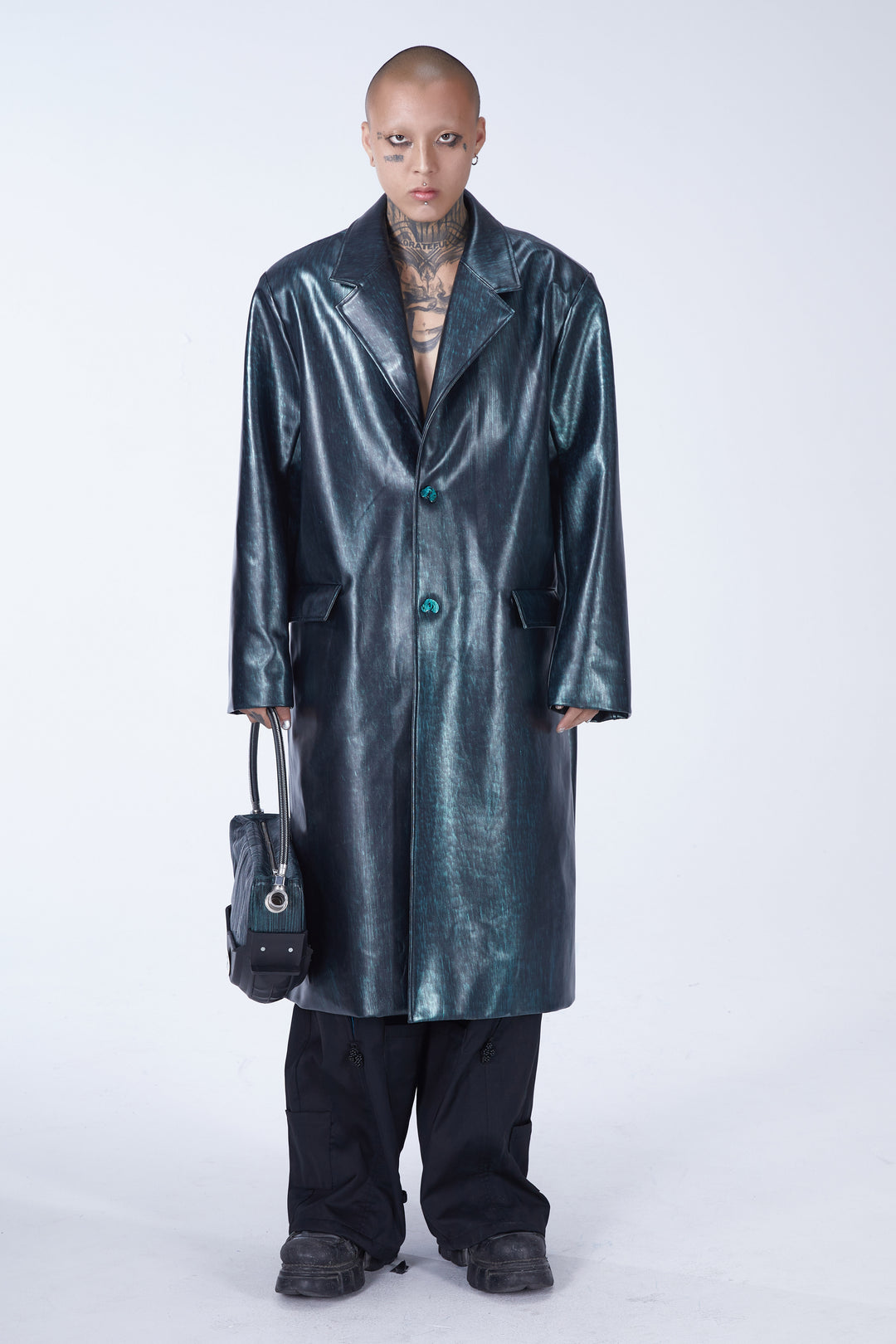 EMBRYO MATRIX buckle PU leather trench coat — full-length modeled styling view