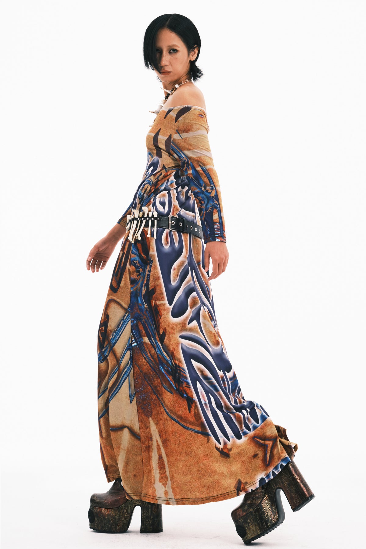 EMBRYO TRIBAL ENTITY off-shoulder maxi dress — construction and silhouette detail