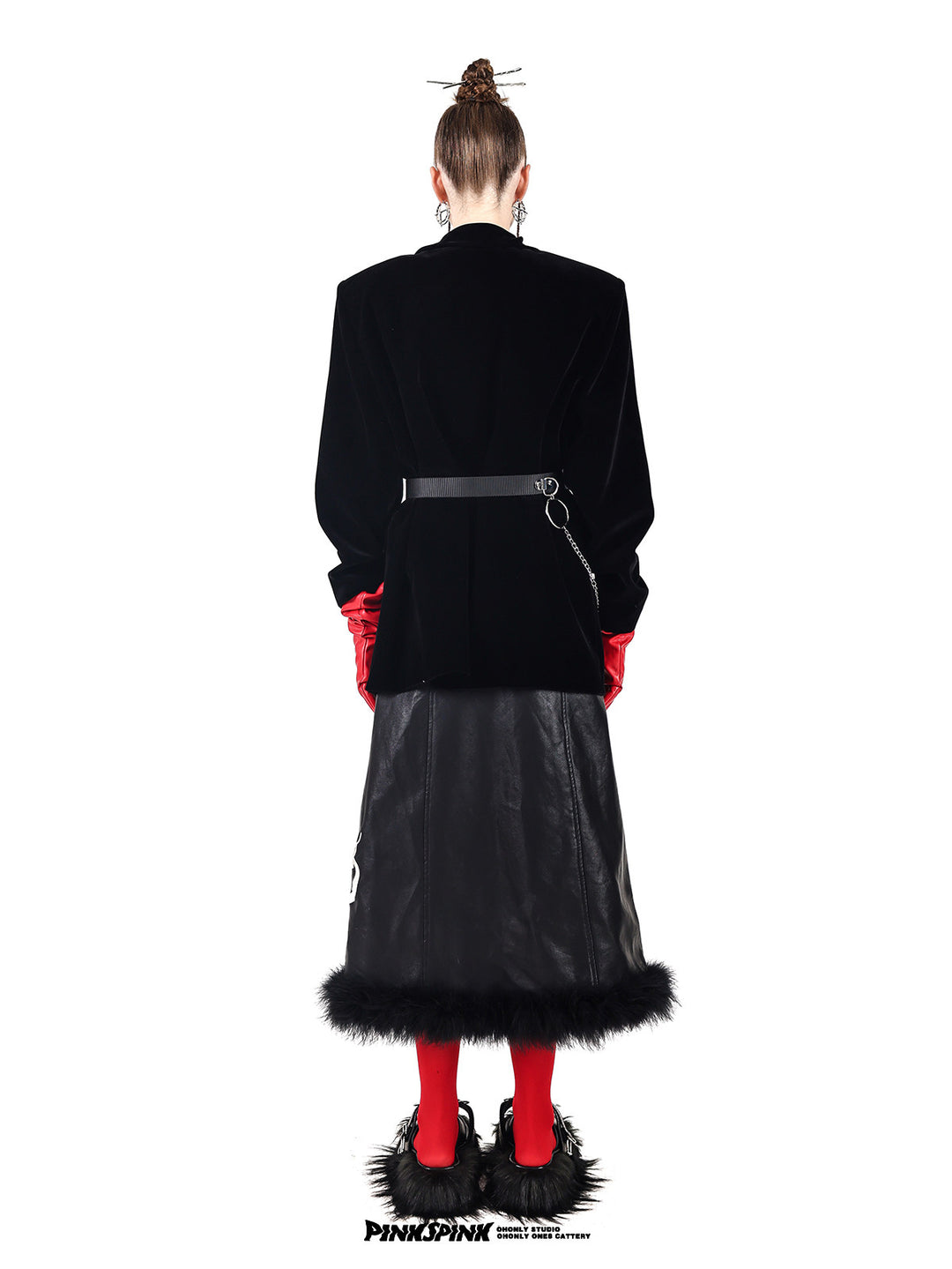 PINKSPINK DEAN pearl-chain velvet blazer — black full-length back view styled with a long skirt