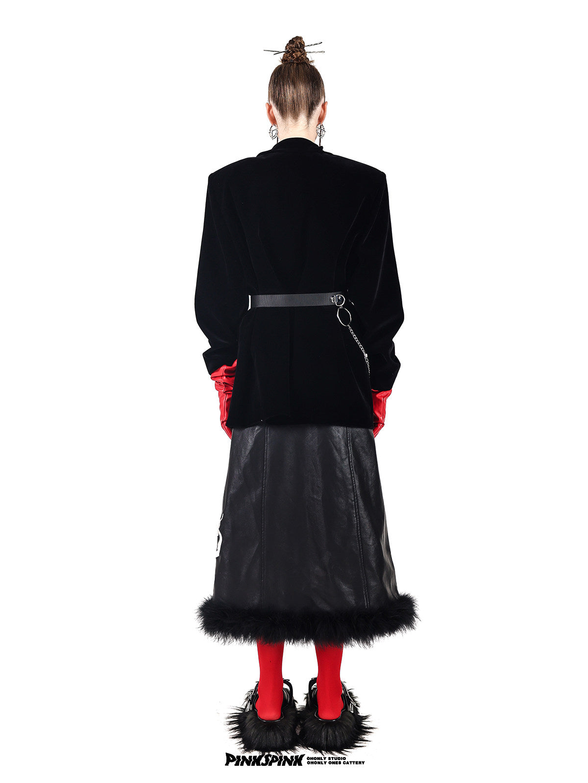 PINKSPINK DEAN pearl-chain velvet blazer — black full-length back view styled with a long skirt