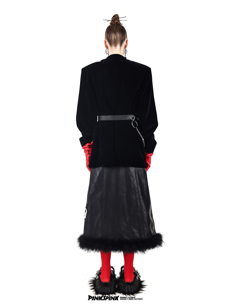 PINKSPINK DEAN pearl-chain velvet blazer — black full-length back view styled with a long skirt