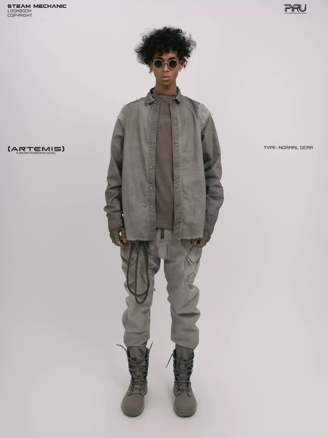 CHAOS ERA moon dust gray raw-edge technical shirt — full-length front modeled view with open shirt