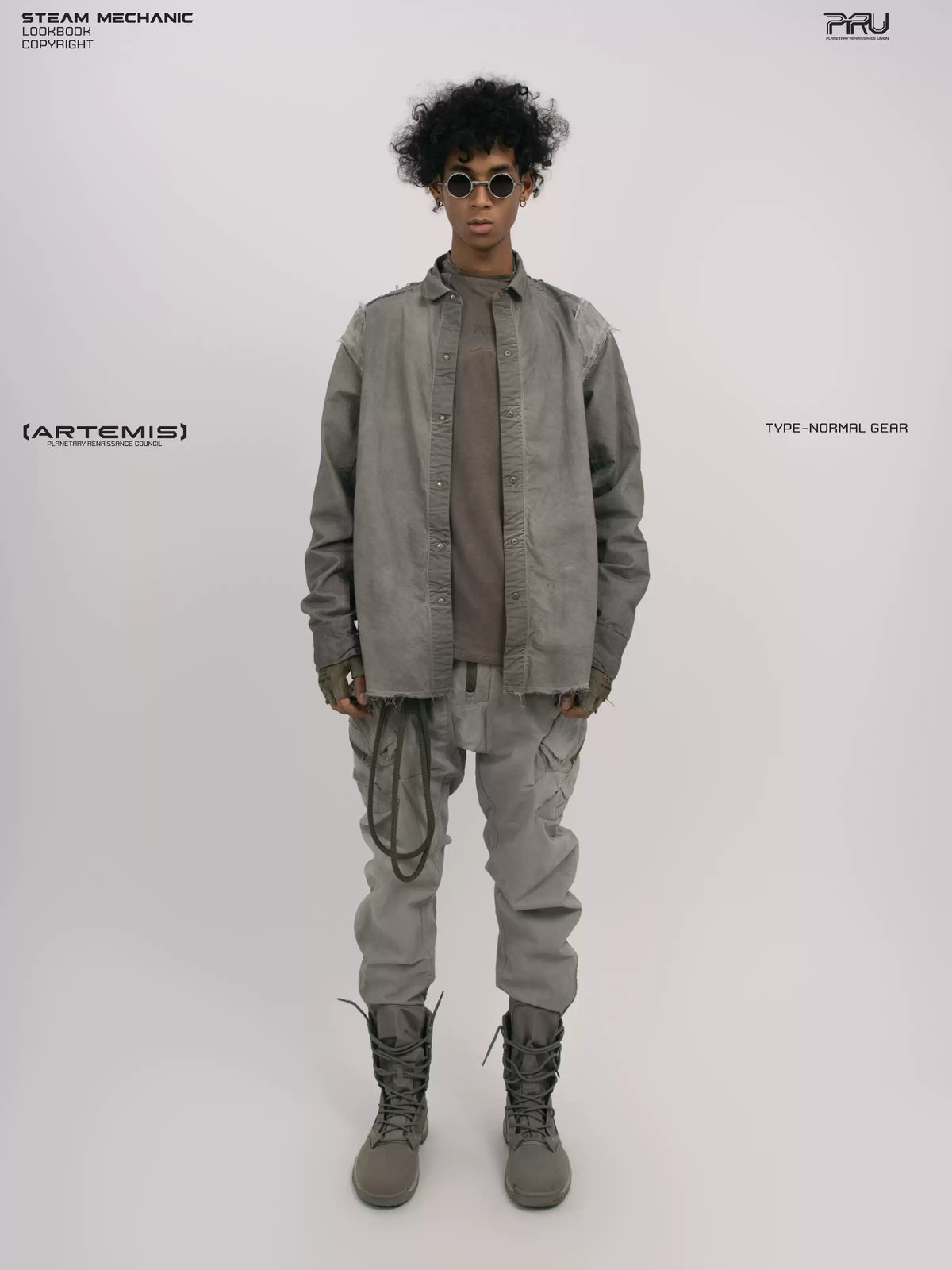 CHAOS ERA moon dust gray raw-edge technical shirt — full-length front modeled view with open shirt