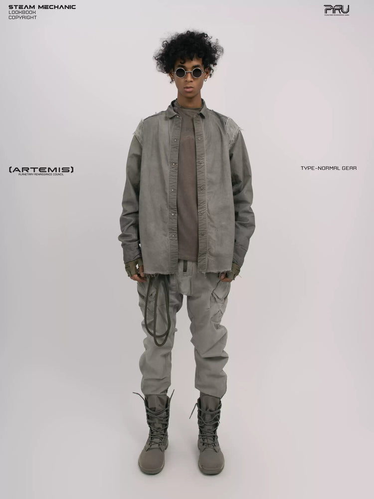 CHAOS ERA moon dust gray raw-edge technical shirt — full-length front modeled view with open shirt