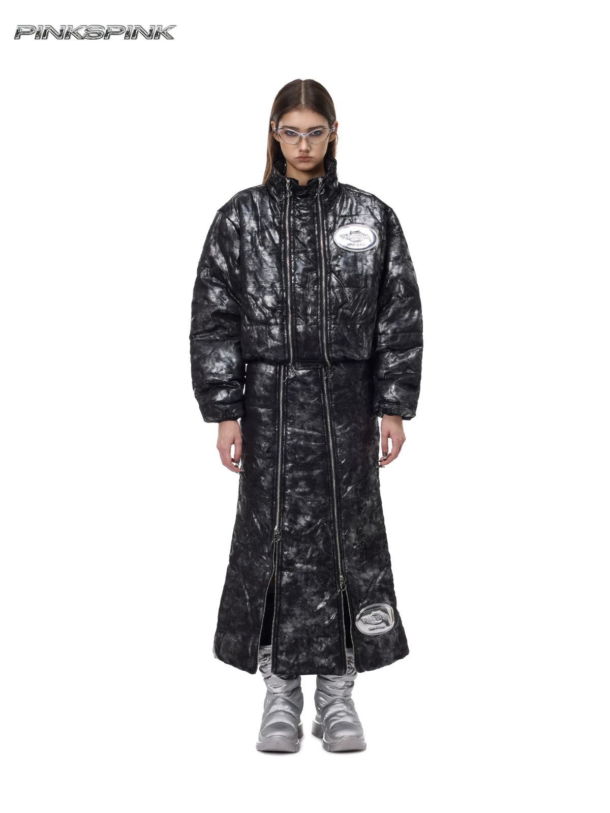 PINKSPINK ELECTRIC MOON metallic double-zip maxi skirt — black silver front full-length view with matching jacket