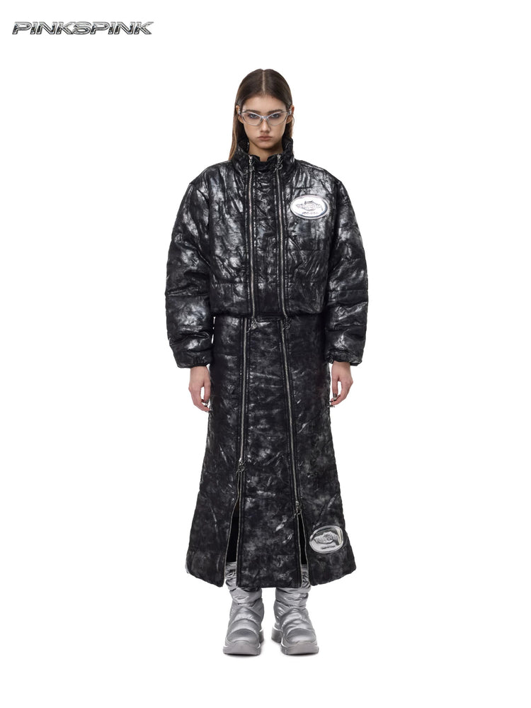 PINKSPINK ELECTRIC MOON metallic double-zip maxi skirt — black silver front full-length view with matching jacket
