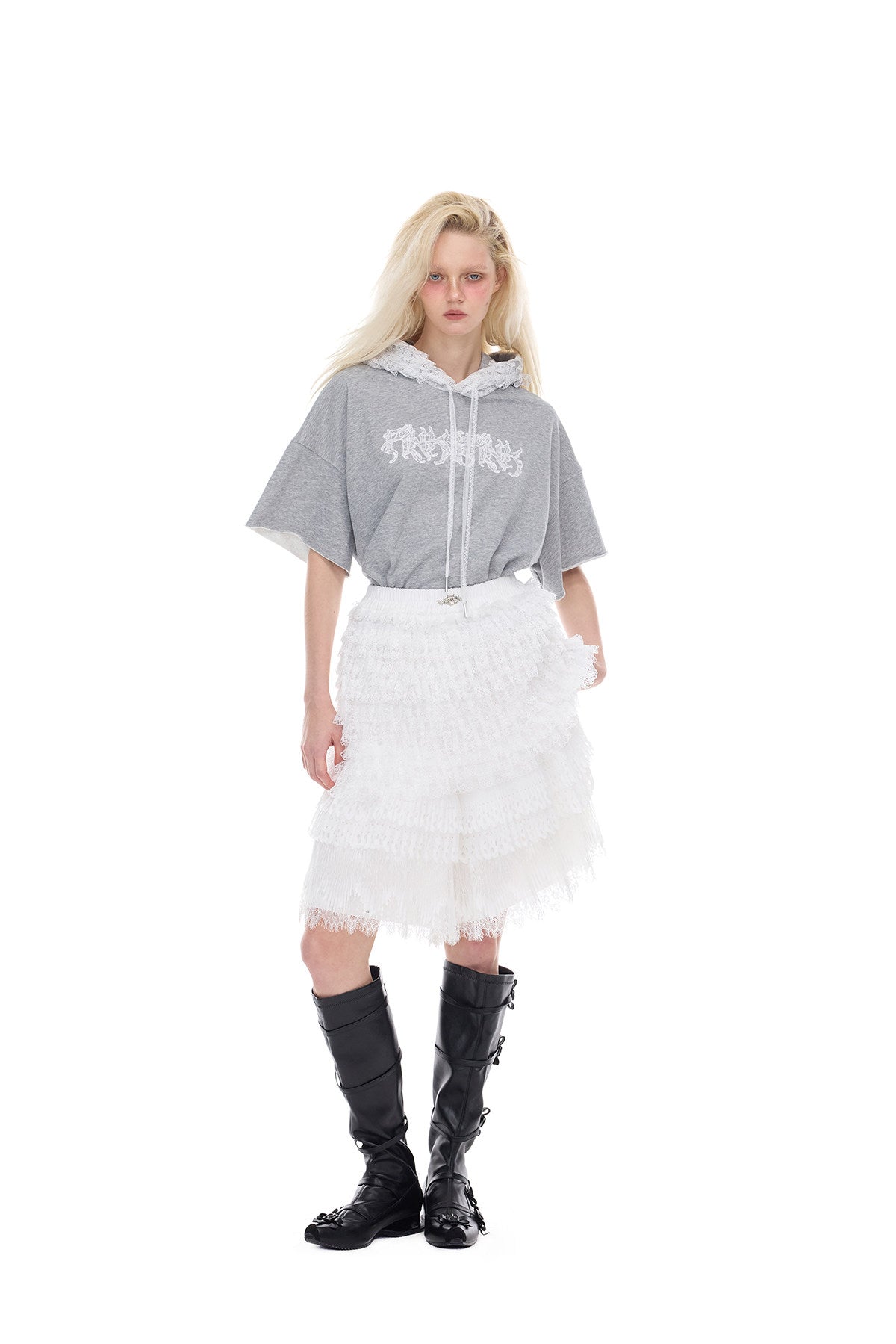PINKSPINK PUNK BALLET lace-back hooded tee — modeled detail view of the garment construction