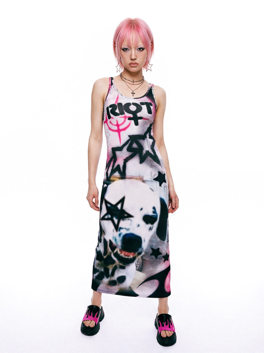 DEADENDKIDS RIOT GRAFFITI fitted maxi dress — alternate modeled angle