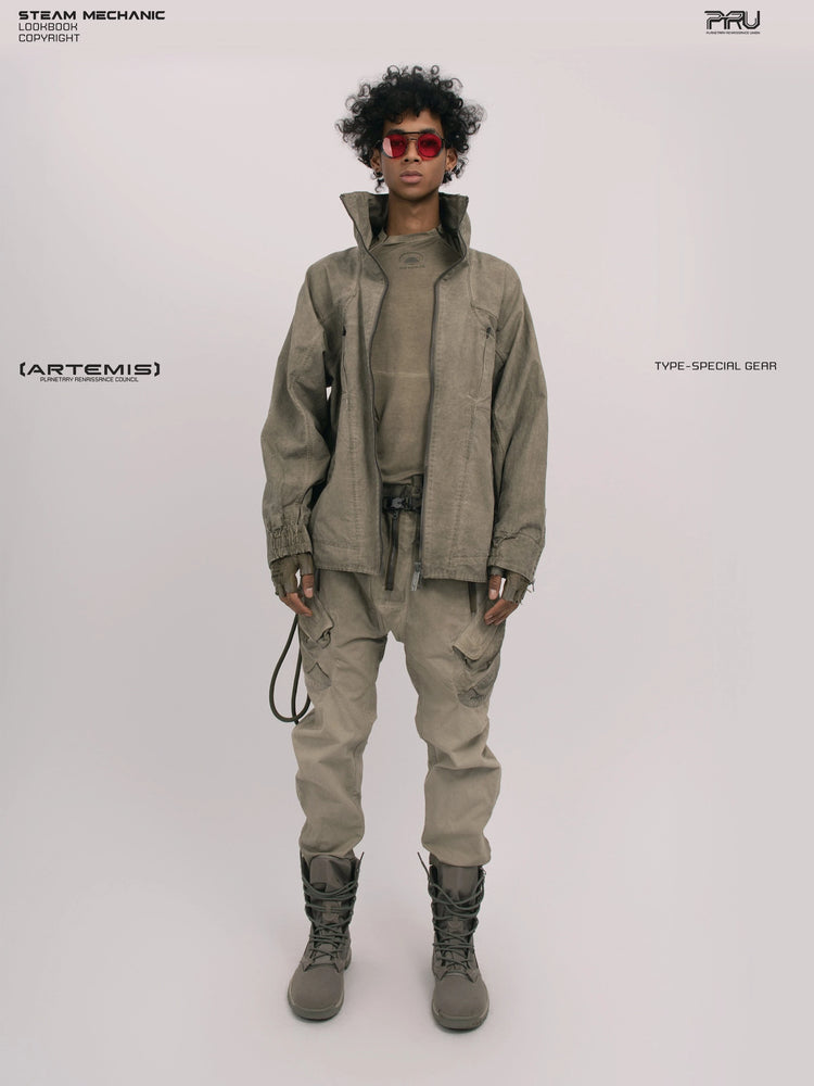ARTEMIS xirang brown tuck-paneled technical jacket — front modeled product view