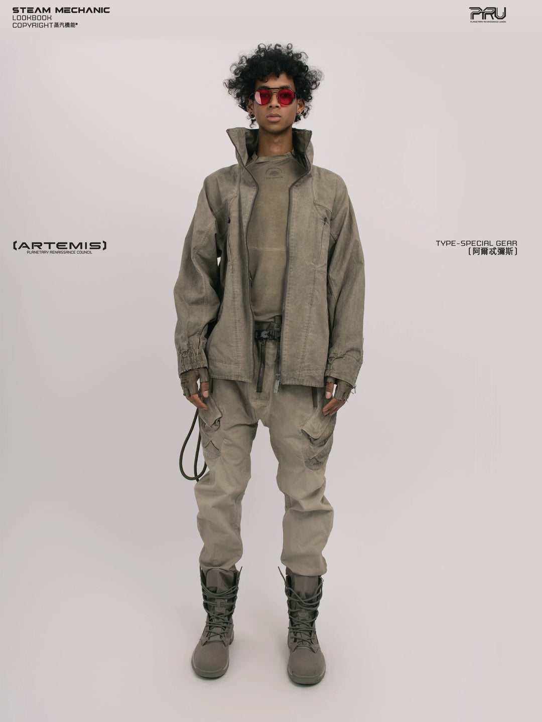 ARTEMIS xirang brown tuck-paneled technical jacket — front modeled product view