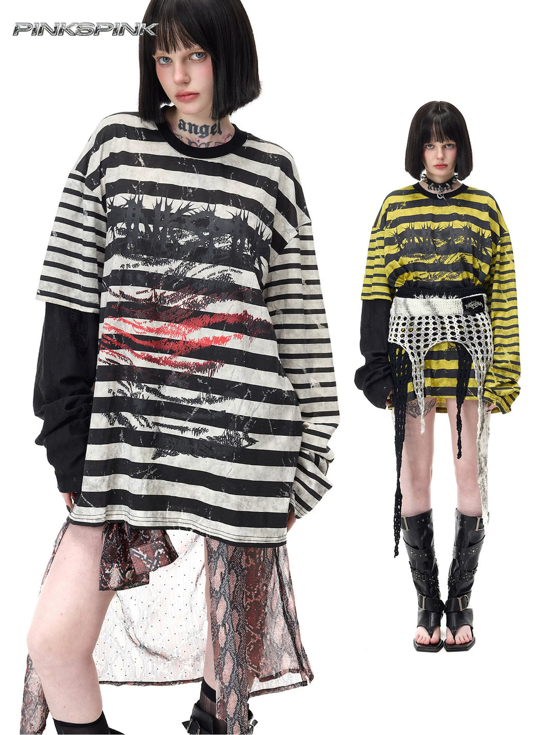 PINKSPINK STATIC asymmetric striped burnout long-sleeve tee in black and white / black and yellow — collage of a close front view and full-length modeled styling