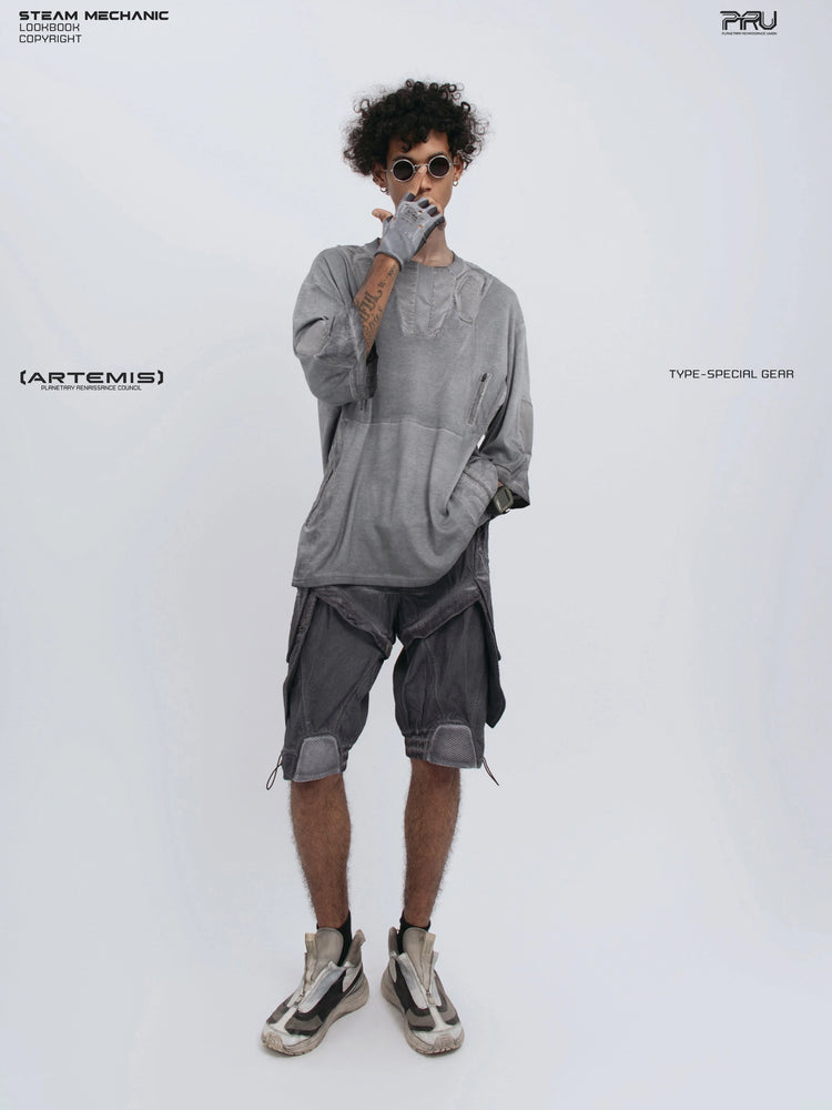 STARCORE moon dust gray distressed mesh tee — full-length front view with one hand raised to the face
