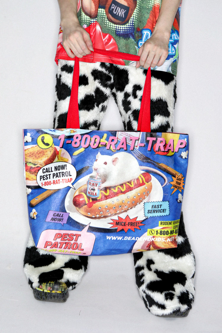 DEADENDKIDS PEST PATROL Tyvek tote bag — full-length modeled view