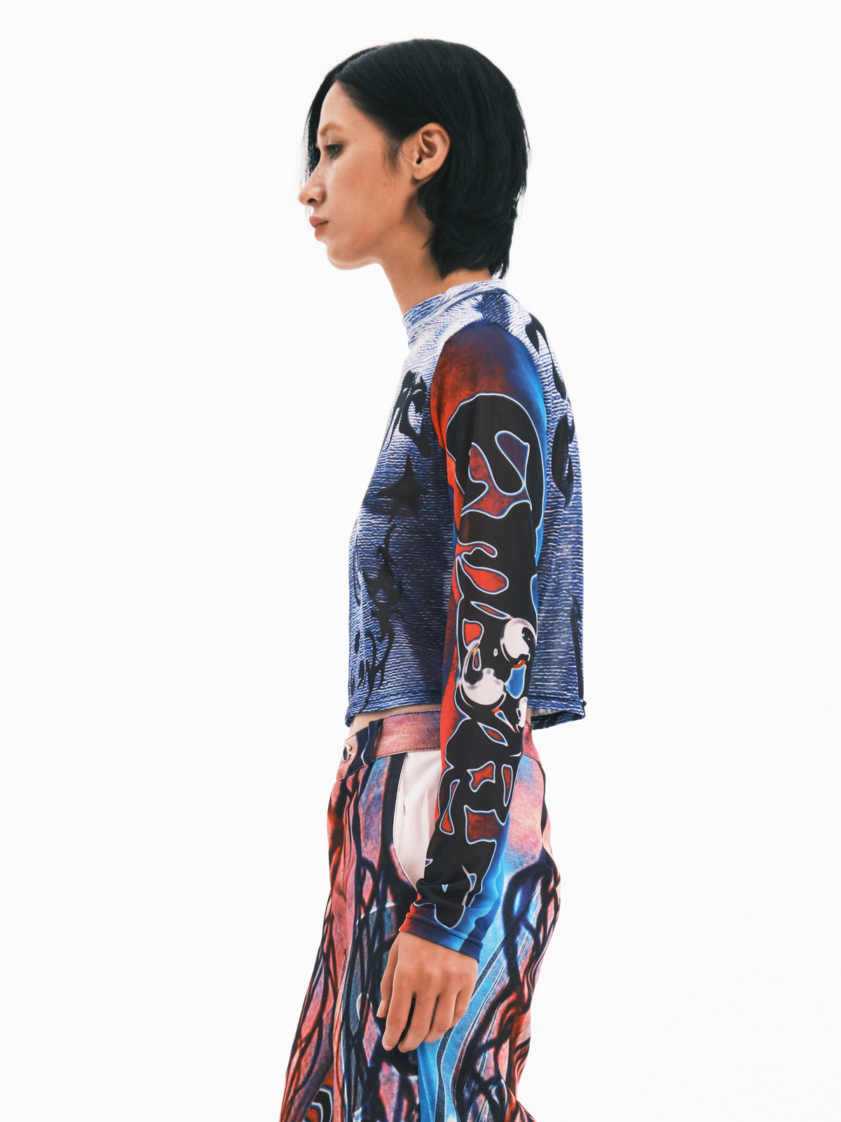 EMBRYO MYSTIC TOTEM fitted mesh crop top — side modeled view