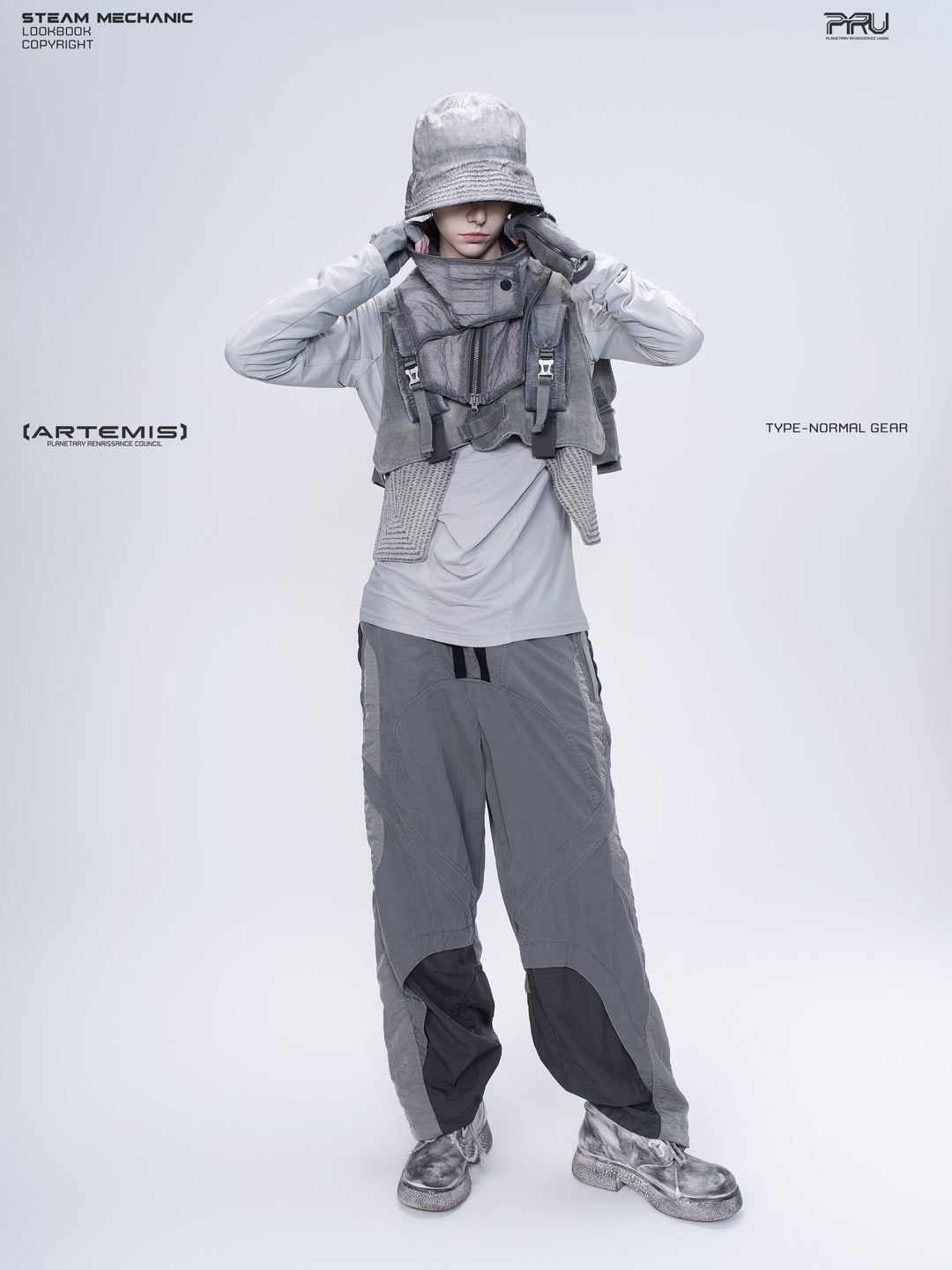 ARTEMIS moon dust gray stretch technical base-layer top — front modeled view with both arms raised