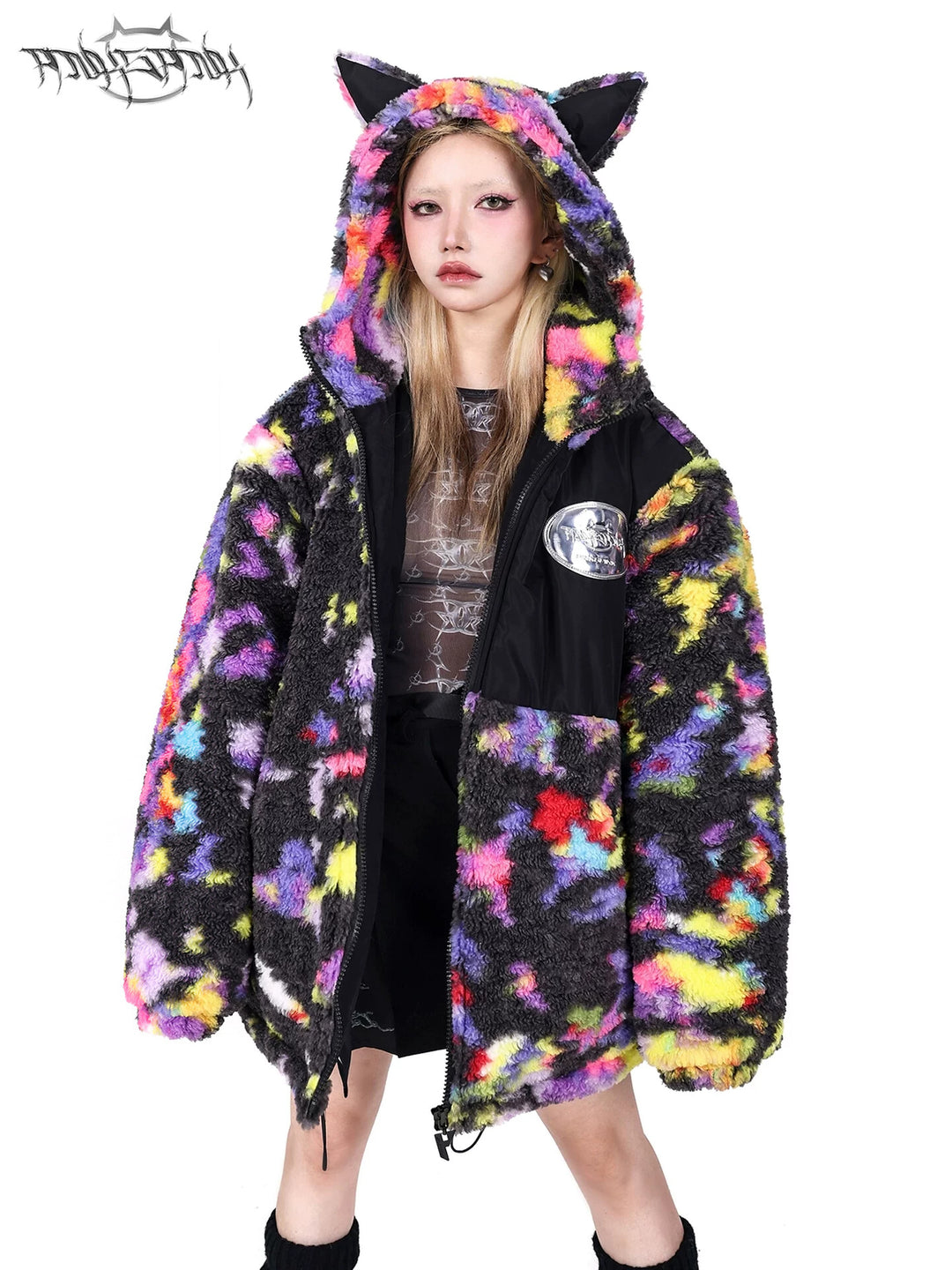 PINKSPINK SPHYNX rainbow cat-ear sherpa jacket — cleaned hero collage showing the complete design