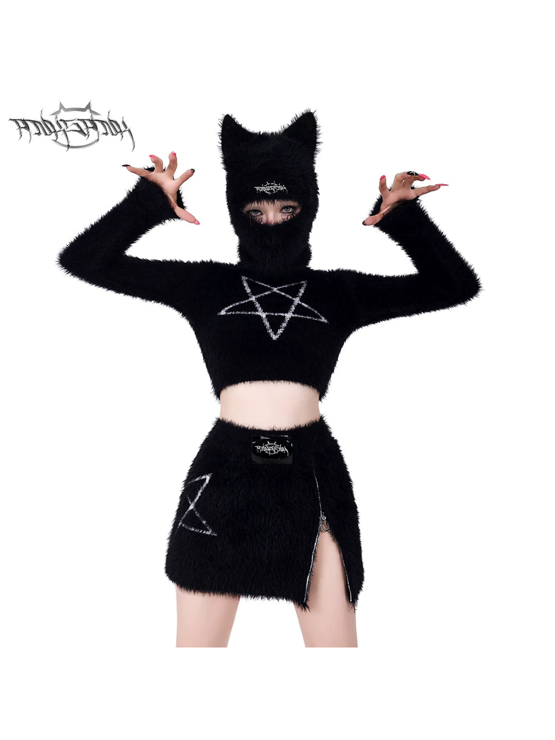 PINKSPINK PENTAGRAM knit crop top / mini skirt — cleaned hero collage showing the complete design
