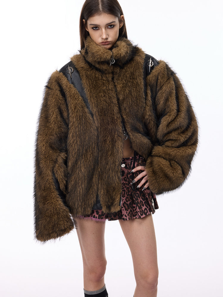 PINKSPINK ELECTRIC MOON paneled faux-fur jacket — front modeled view showing roomy sleeves