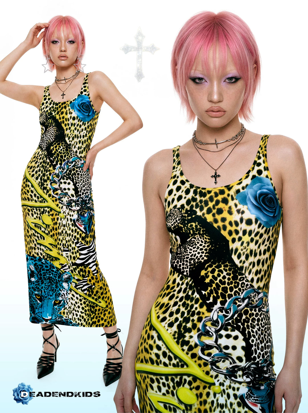 DEADENDKIDS LEOPARD ROSE fitted tank maxi dress — front product presentation