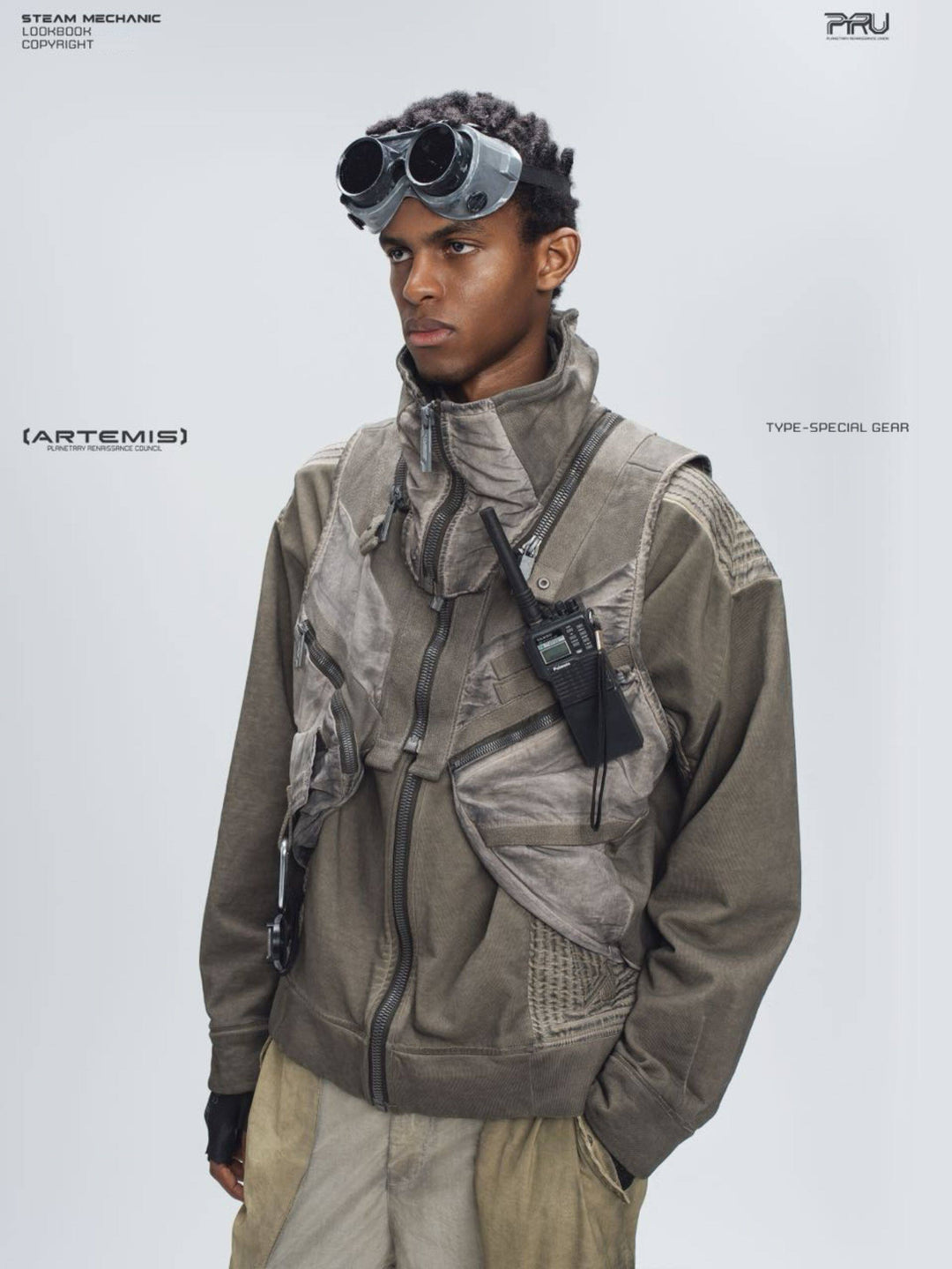 FISSION modular vest — mercury brown three-quarter modeled close-up