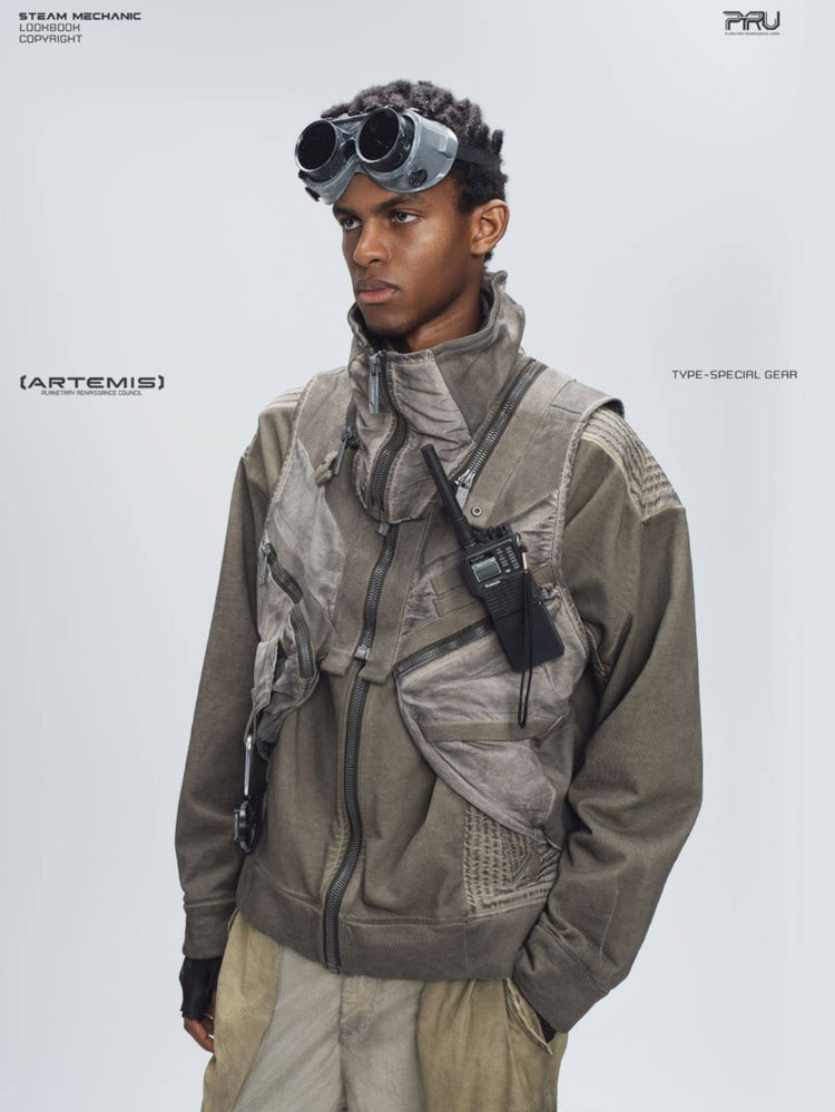 FISSION modular vest — mercury brown three-quarter modeled close-up